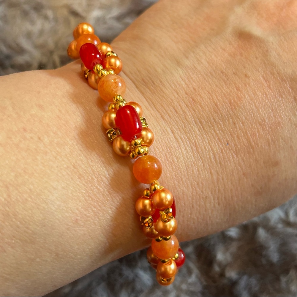 Handcrafted elegant glam mango twist orange jade Czech glass pearl bracelet